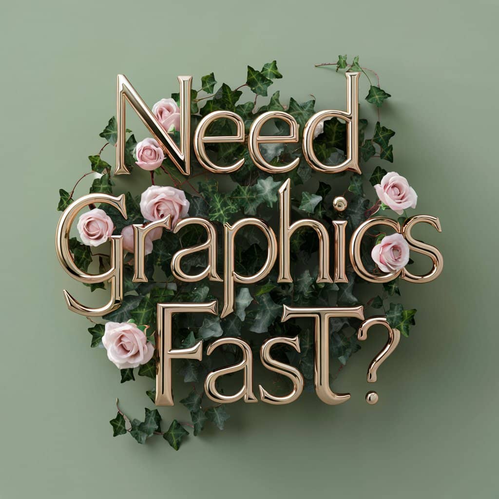 Golden chrome logo on ivy with pink roses that reads 'need graphics fast?'