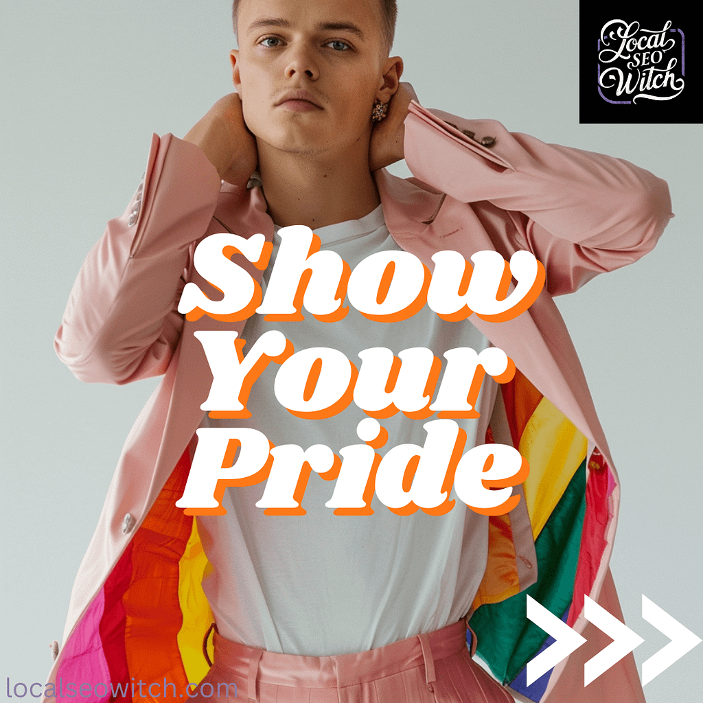 Blonde man in a soft pink blazer with rainbow lining posing for a corporate photo shoot. Text reads "Show your pride"