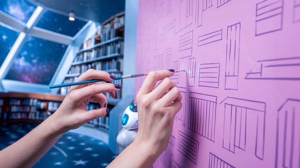 Woman drawing a site map on purple paper in a space age library