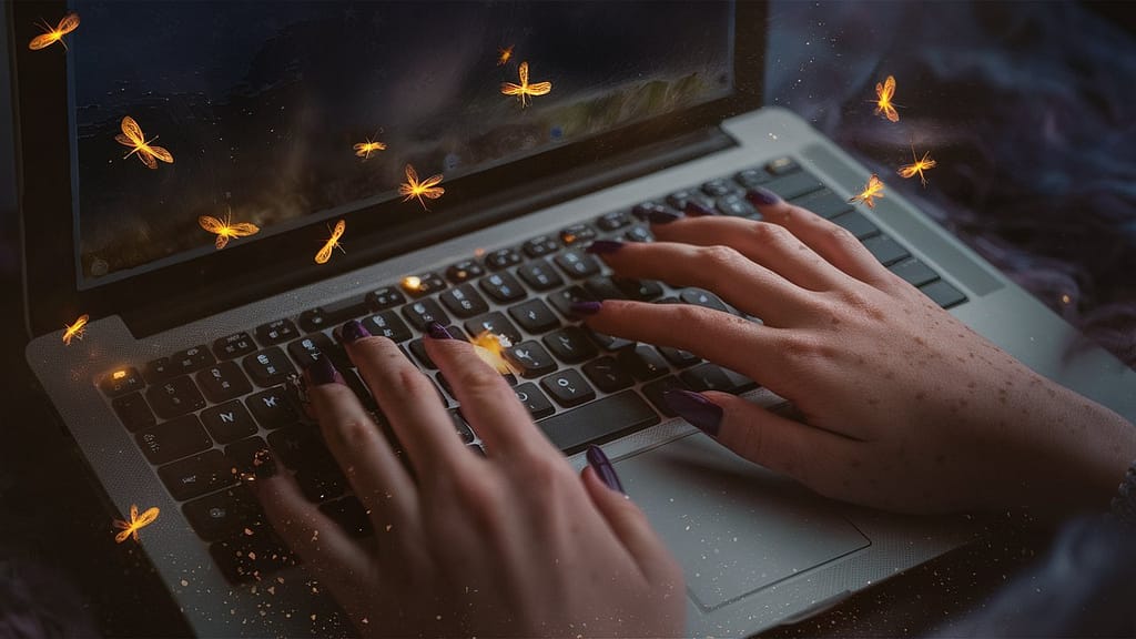 Local SEO Witch hands creating a website with fireflies all around.