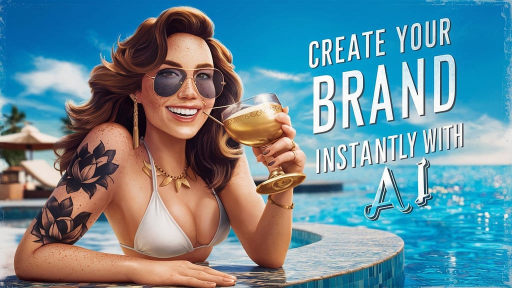 A brunette with freckles in a white bikini | text reads create your brand instantly with ai