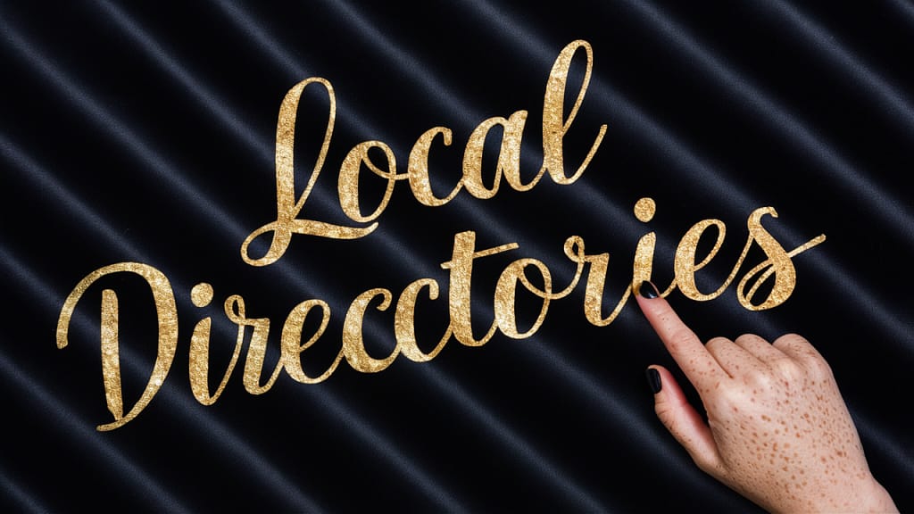 Local directories | black velvet background, gold leaf text, hand pointing to text