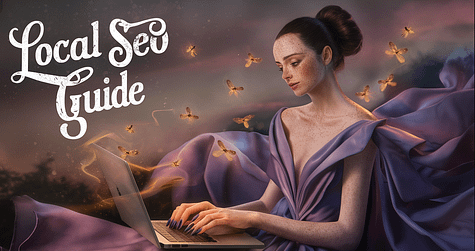 Woman on a laptop in a flowing purple dress with butterflies | Text reads "Local SEO Guide"