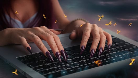 Witch sitting at her laptop typing with fireflies | local seo