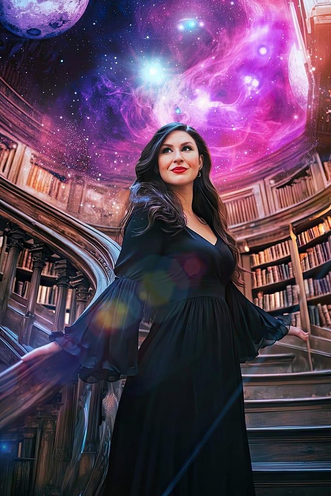 Local SEO witch on top of stairway in a Galaxy library