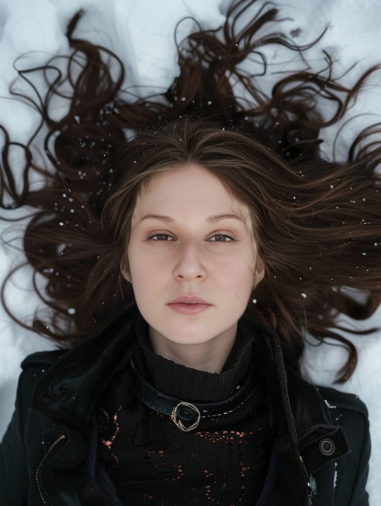 Gothic woman laying in the snow in a moody photo shoot